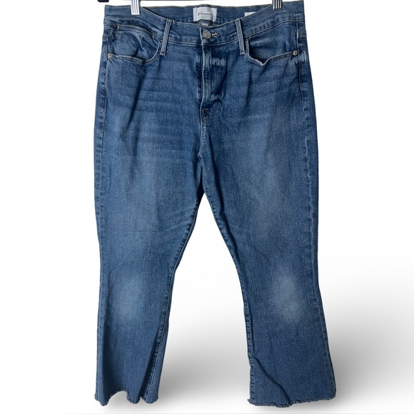 FRAME Women’s Le High Flare Jeans Blue Cropped Raw Hem Sz. 32 - Picture 1 of 7